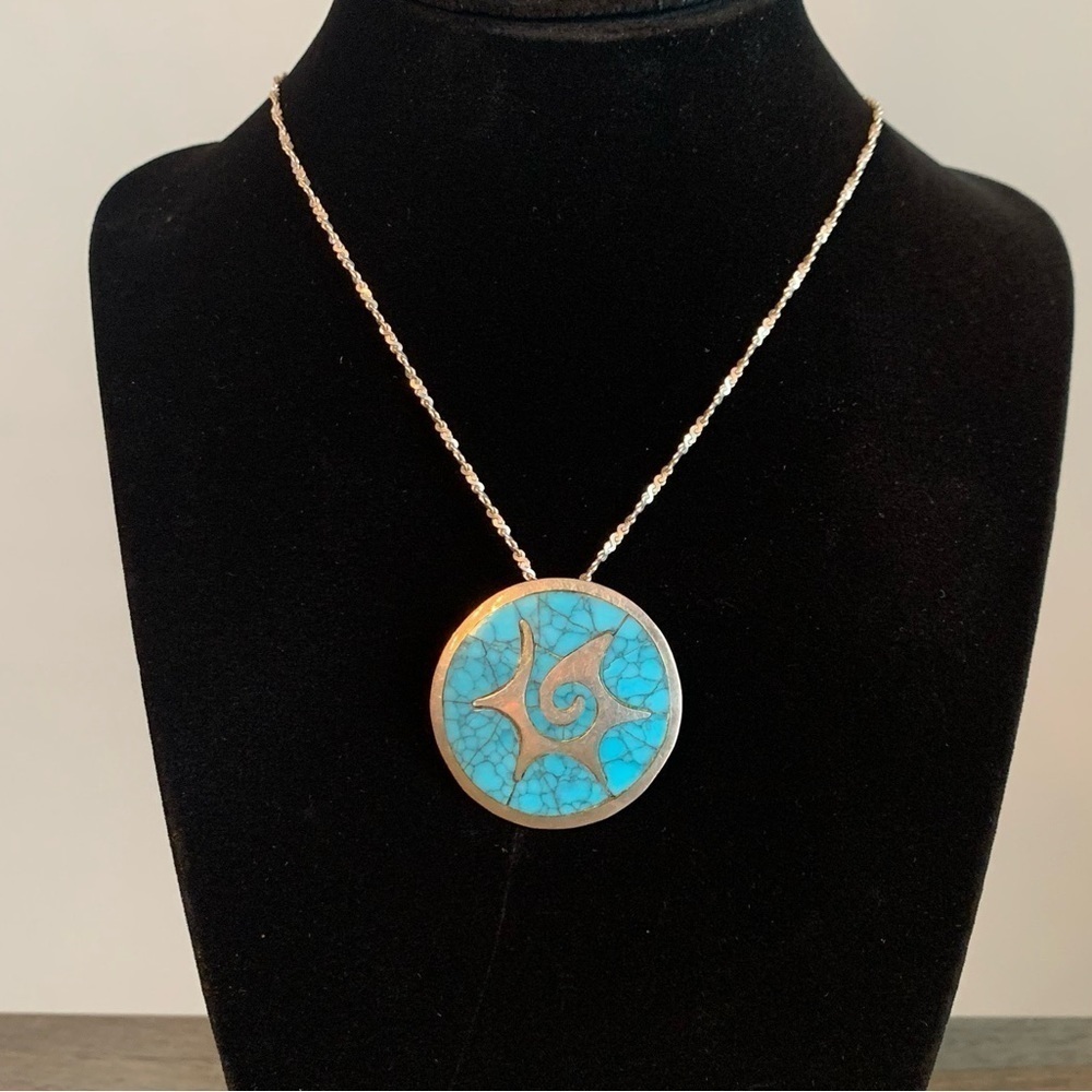 Sterling Silver Necklace Crushed Turquoise Pendant Brooch Vtg Stamp 925 FJCTaxco